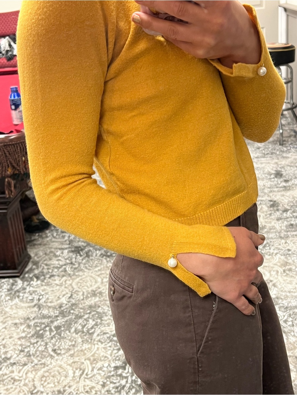 Sky Mustard Yellow Crewneck Sweater with Pearl Cuff